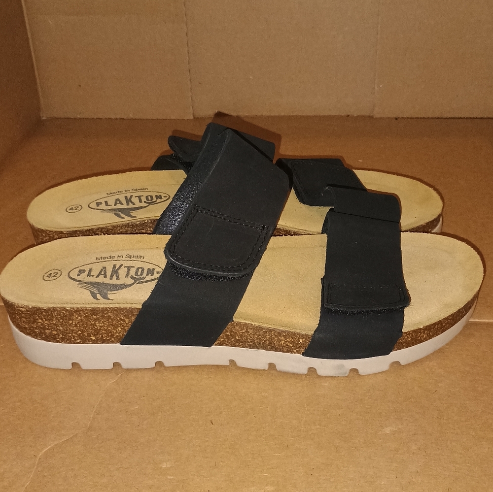 Plakton Women’s Sandals Size 11 Black Cork Footbed Adjustable Memory Cushion‎ - Picture 3 of 10
